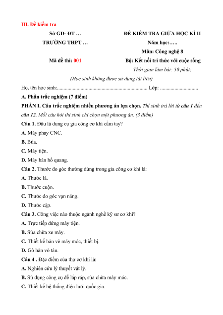 Đề thi Công nghệ 8 giữa kì 2 có lời giải (sách mới)
