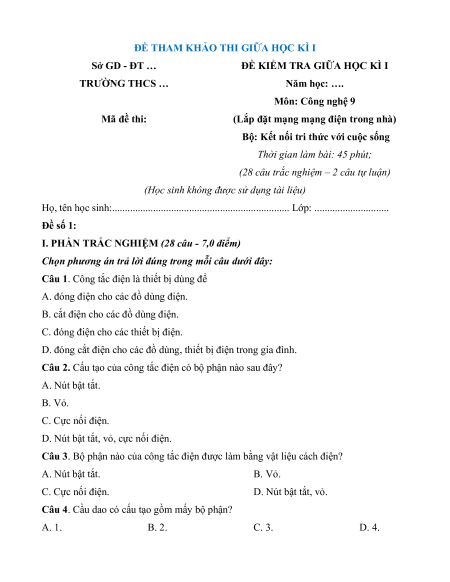 14 Đề thi Giữa kì 1 Công nghệ 9 (có lời giải)
