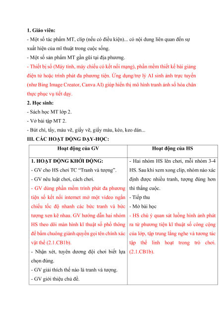 Giáo án Mĩ thuật lớp 2 (sách mới) | Giáo án Mĩ thuật lớp 2
