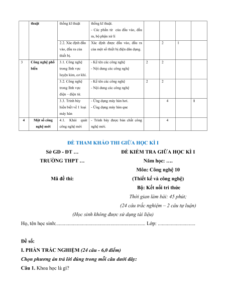 Đề thi Công nghệ 10 Giữa kì 1 Kết nối tri thức