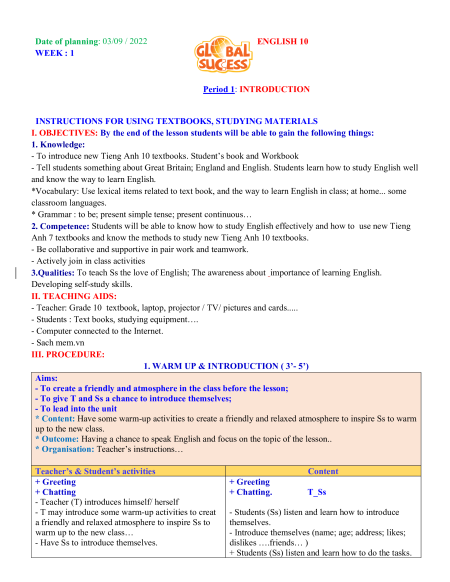 Giáo án Tiếng Anh 10 Global success (năng lực số)