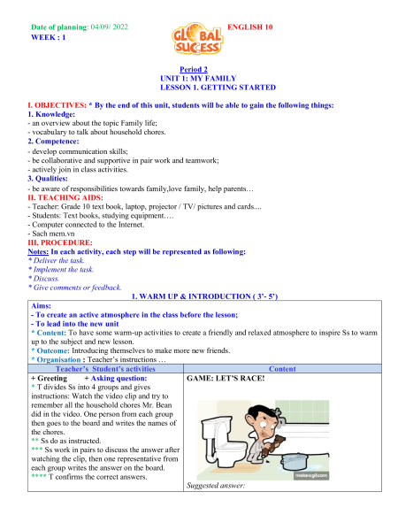 Giáo án Tiếng Anh 10 Global success (năng lực số)