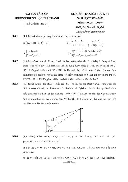 Bộ 30 Đề thi Giữa kì 1 Toán 9 Tp.HCM có đáp án