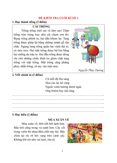 Đề thi Tiếng việt lớp 1 Học kì 1 có lời giải (sách mới)