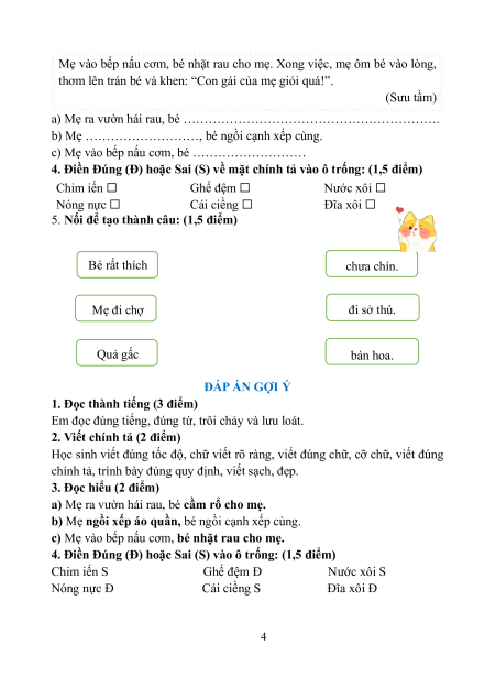 Đề thi Tiếng việt lớp 1 Học kì 1 có lời giải (sách mới)