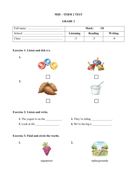 5 Đề kiểm tra Giữa kì 2 Tiếng Anh lớp 2 Global Success (có file nghe)