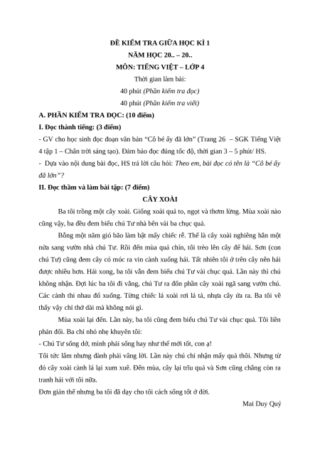 Đề thi giữa kì 1 Tiếng Việt lớp 4 Chân trời sáng tạo (đề 2)
