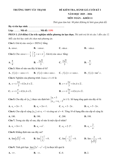 Bộ 10 Đề thi Cuối kì 1 Toán 11 Tp. HCM có đáp án