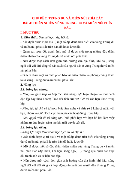 Giáo án Bài 4 Lịch sử & Địa lí lớp 4 Kết nối tri thức: Thiên nhiên vùng Trung du và miền núi Bắc bộ