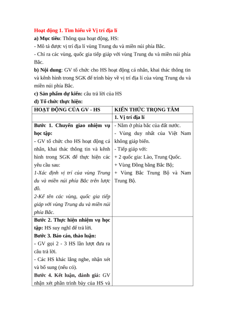 Giáo án Bài 4 Lịch sử & Địa lí lớp 4 Kết nối tri thức: Thiên nhiên vùng Trung du và miền núi Bắc bộ