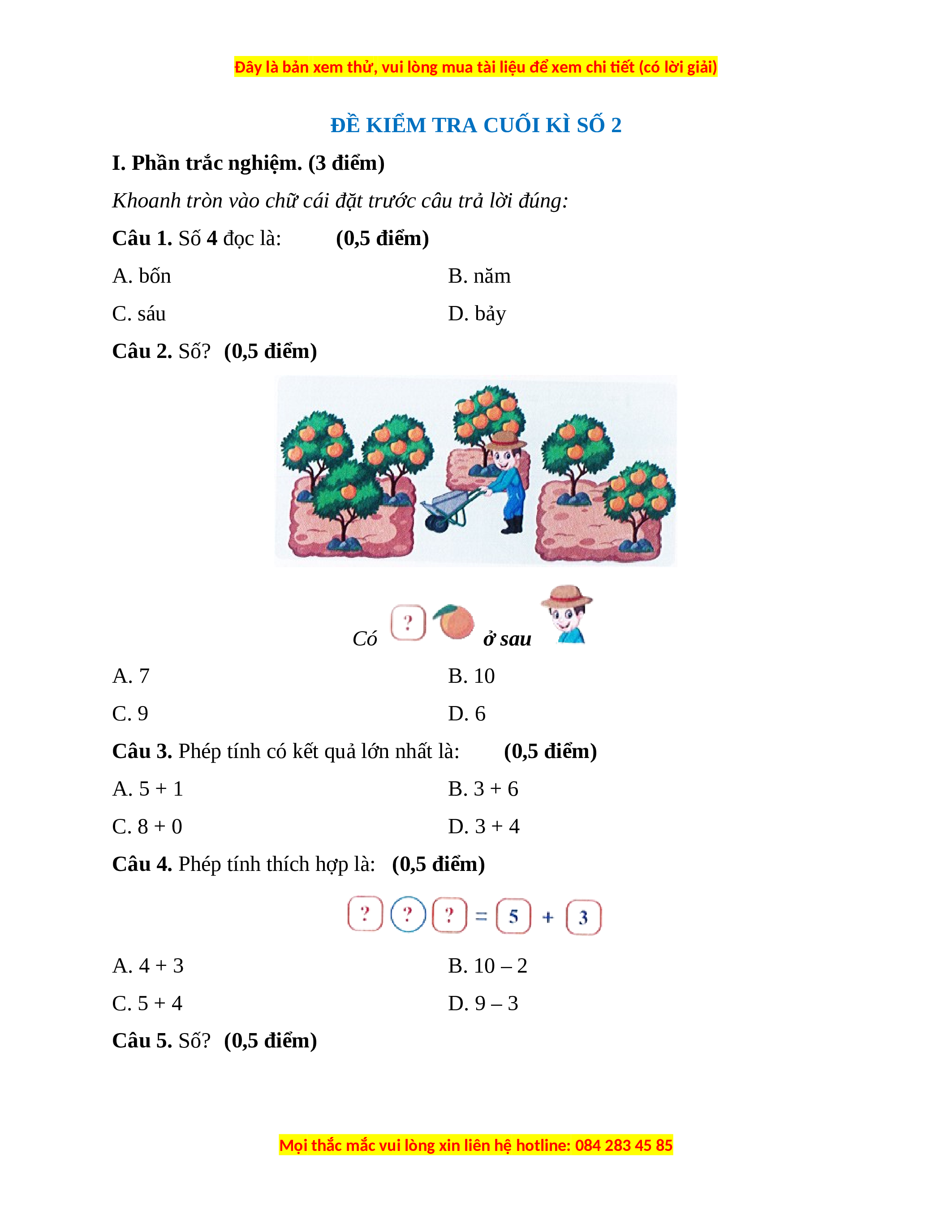 Đề thi cuối kì 1 Toán lớp 1 Cánh diều - Đề 2
