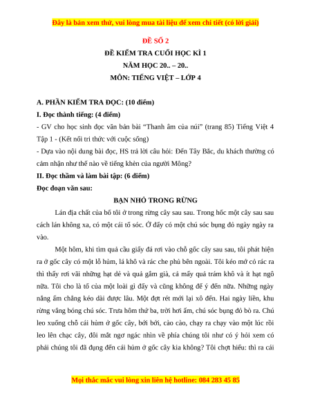 Đề thi cuối kì 1 Tiếng Việt lớp 4 Kết nối tri thức (đề 2)