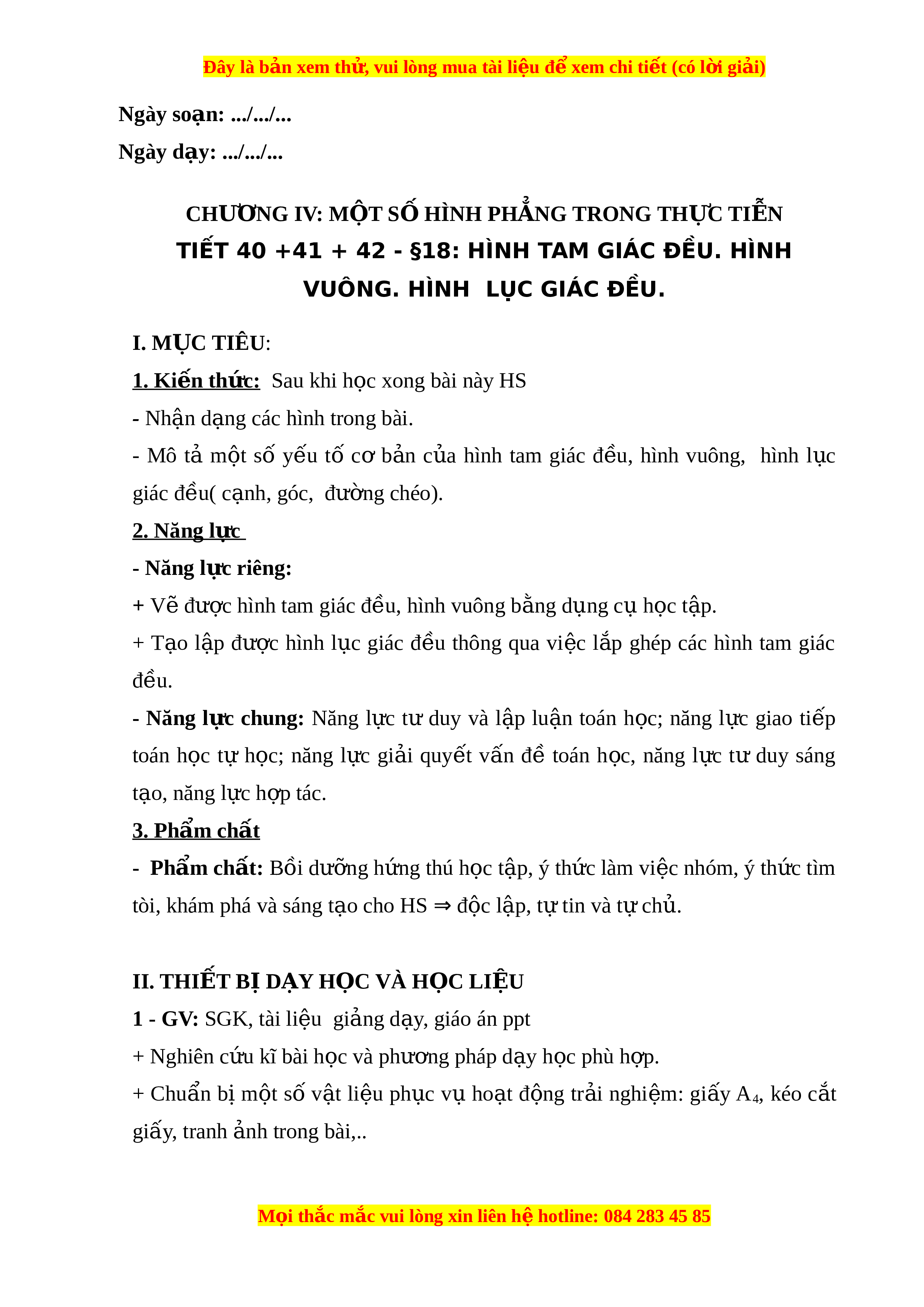 Giáo án Hình tam giác đều. hình vuông. hình lục giác đều Toán 6 ...