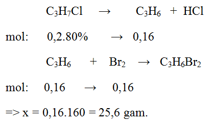 Đun sôi 15,7 gam C3H7Cl với hỗn hợp KOH/C2H5OH dư, sau khi loại tạp chất (ảnh 1)