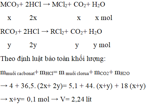 Hòa tan hoàn toàn 4 gam hỗn hợp MCO3 và RCO3 bằng dung dịch HCl (ảnh 1)