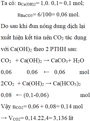 Thổi V lít (đktc) CO2 vào 100ml dd Ca(OH)2 1M, thu được 6g kết tủa (ảnh 1)