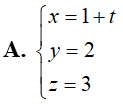 Trong không gian với hệ tọa độ Oxyz, đường thẳng đi qua điểm M(1; 2; 3) và song song (ảnh 2)