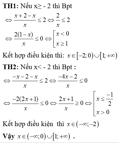 Tập nghiệm của bất phương trình (|x+2| - x)/x nhỏ hơn hoặc bằng 2 là (ảnh 1)