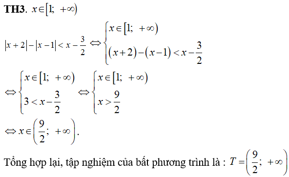 Bất phương trình |x + 2| - |x - 1| < x - 3/2 có nghiệm là (ảnh 3)