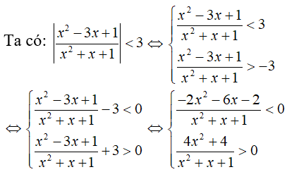 Bất phương trình |(x^2 - 3x + 1)/(x^2 + x + 1)| < 3 có nghiệm là (ảnh 1)