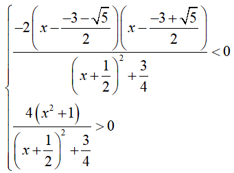 Bất phương trình |(x^2 - 3x + 1)/(x^2 + x + 1)| < 3 có nghiệm là (ảnh 2)