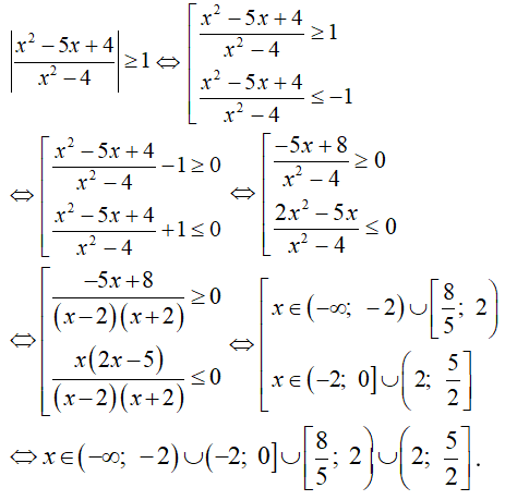 Bất phương trình |(x^2 - 5x + 4)/(x^2 - 4)| lớn hơn hoặc bằng 1 có nghiệm là  (ảnh 1)
