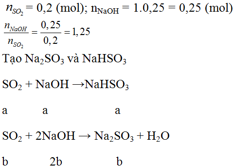 Hấp thụ hoàn toàn 12,8g SO2 vào 250ml dung dịch NaOH 1M. Khối lượng muối tạo thành (ảnh 1)