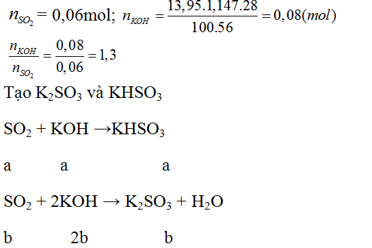 Hấp thụ hoàn toàn 1,344 lít SO2 (đktc) vào 13,95ml dung dịch KOH 28% d = 1,147 g/ml (ảnh 1)
