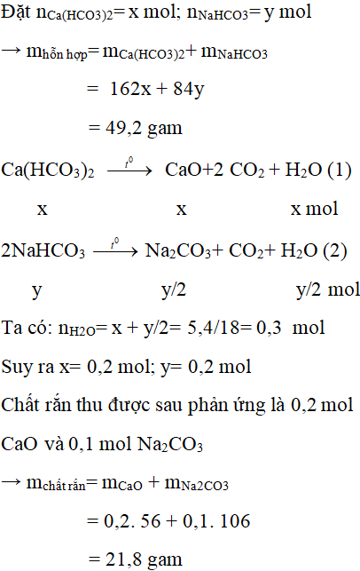 Nung 49,2 gam hỗn hợp Ca(HCO3)2 và NaHCO3  đến khối lượng không đổi (ảnh 1)