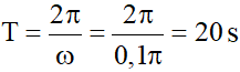 Vật chuyển động tròn đều với vận tốc góc omega = 0,1 pi rad/s thì có chu kỳ quay là (ảnh 1)