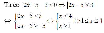 Với x thuộc tập hợp nào dưới đây thì biểu thức f(x) = |2x - 5| - 3 không dương (ảnh 1)