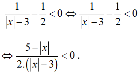 Với x thuộc tập hợp nào dưới đây thì nhị thức bậc nhất f(x) = 1/(|x| - 3) - 1/2 luôn âm. (ảnh 1)