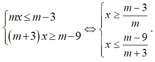 Tìm m để hệ sau có nghiệm duy nhất mx nhở hơn hoặc bằng m - 3 và (m + 3)x lớn hơn hoặc bằng m - 9  (ảnh 1)