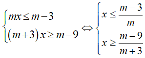Tìm m để hệ sau có nghiệm duy nhất mx nhở hơn hoặc bằng m - 3 và (m + 3)x lớn hơn hoặc bằng m - 9  (ảnh 6)