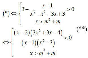 Tìm m để bất phương trình căn (x - m^2 - m)[3 - (x + 1)/(x^3 - x^2 - 3x + 3) < 0 có nghiệm (ảnh 1)