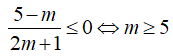 Điều kiện của m để bpt (2m+1)x+ m - 5 lớn hơn hoặc bằng 0 nghiệm đúng với mọi x: 0 < x < 1 (ảnh 4)