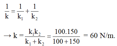 Hai lò xo L1, L2 có độ cứng k1 = 100N/m và k2 = 150N/m được móc vào nhau (ảnh 2)