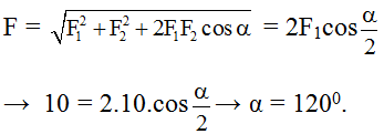 Cho hai lực đồng quy vecto F1 và vecto F2 có cùng độ lớn là 10N. Góc giữa hai lực (ảnh 1)