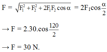 Cho hai lực đồng quy vecto F1 và vecto F2 có cùng độ lớn F1 = F2 = 30N. Góc tạo bởi hai lực (ảnh 1)