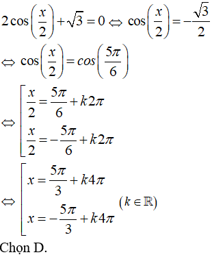 Giải phương trình lượng giác 2cos(x/2) + căn 3 = 0 có nghiệm là:A.x=5pi/3+k2pi hoặc x=-5pi/3+k2pi(k thuộc Z) (ảnh 1)