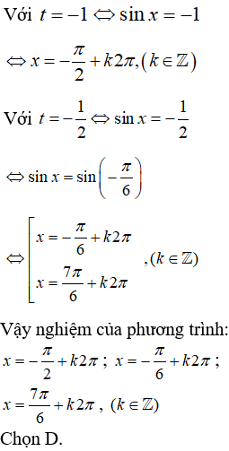 Giải phương trình sau: cos2x - 3sinx - 2 = 0: A.-pi/2+k2pi B.-pi/6+k2pi C.-7pi/6+kpi/2 D.Đáp án khác (ảnh 2)