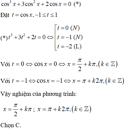 Giải phương trình sau cos^3(x) - 3cos^2(x) - 2cosx = 0: A.-pi/2+k2pi  B.x=arctan(-1/2)+kpi,k thuộc Z (ảnh 1)