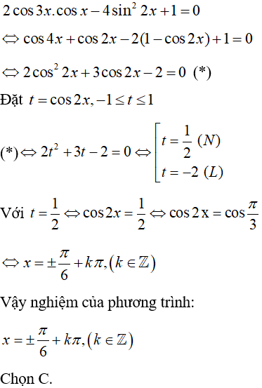 Giải phương trình sau 2cos(3x) * cos(x) - 4sin^2(2x) + 1=0: A. cộng trừ pi/6+k2pi B.pi/6+kpi  (ảnh 1)