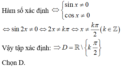 Tập xác định của hàm số y= tanx + cotx là (ảnh 1)
