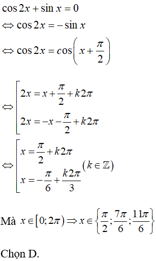 Tìm số nghiệm của phương trình cos 2x + sin x = 0 trong khoảng (0; 2 pi):A. Vô nghiệm B.1 C.2 D.3 (ảnh 2)