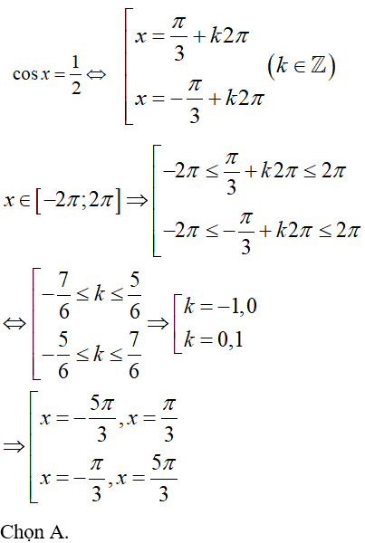Số nghiệm của phương trình cosx =1/2 thuộc (-2pi; 2pi): A.4 B.2 C.3 D.1 (ảnh 1)
