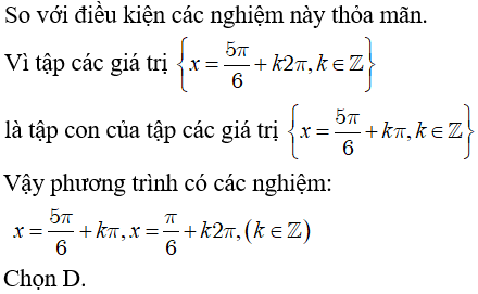 Giải phương trình (3tan x+Căn3) (2sinx - 1) = 0:A.x=5pi/6+kpi(k thuộc Z) B.x=cộng trừ pi/6+k2pi,x=-pi/6+kpi(k thuộc Z) (ảnh 2)