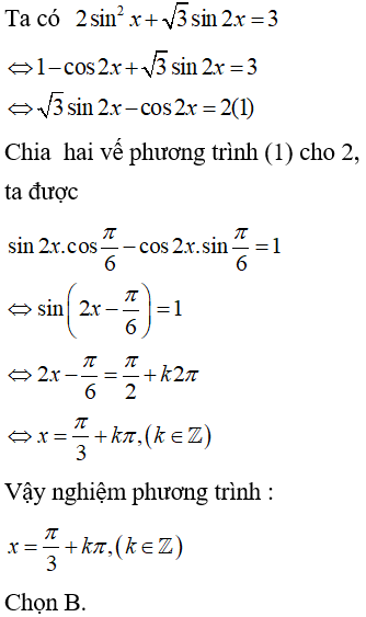 Giải phương trình 2sin^2(x) + Căn3*sin2x = 3 (ảnh 1)
