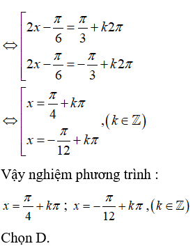 Giải phương trình 2cos(2x+pi/6) + 4sinx cosx - 1 = 0: A.x=pi/4+kpi B.x=pi/12+kpi C. x= -pi/12+ kpi (ảnh 4)