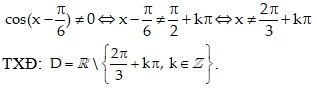 Tìm tập xác định của hàm số sau y=tan(x - pi / 6): A.x khác kpi B. x khác 2pi/3+kpi C.x khác pi/2+kpi D.x khác pi/4+kpi (ảnh 1)